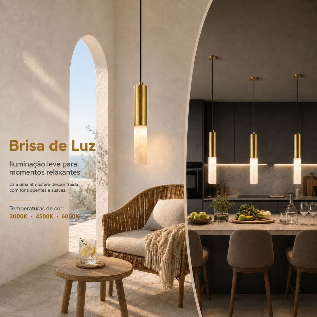 Luminária Pendente Tubo Cilindro LED 9W Gold Bivolt 3 Cores
