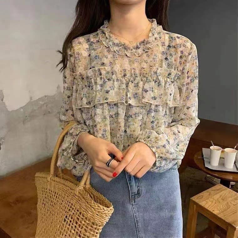 Desconto na marca Roupas femininas contador de retirada comércio exterior novo estilo camisa Floral fresca cedo babados