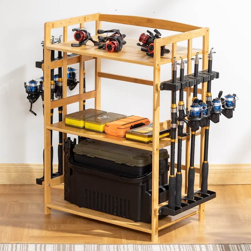Suporte de vara de pesca de bambu, rack de armazenamento, rack de exibição, isca doméstica, suporte de vara de mão, rack