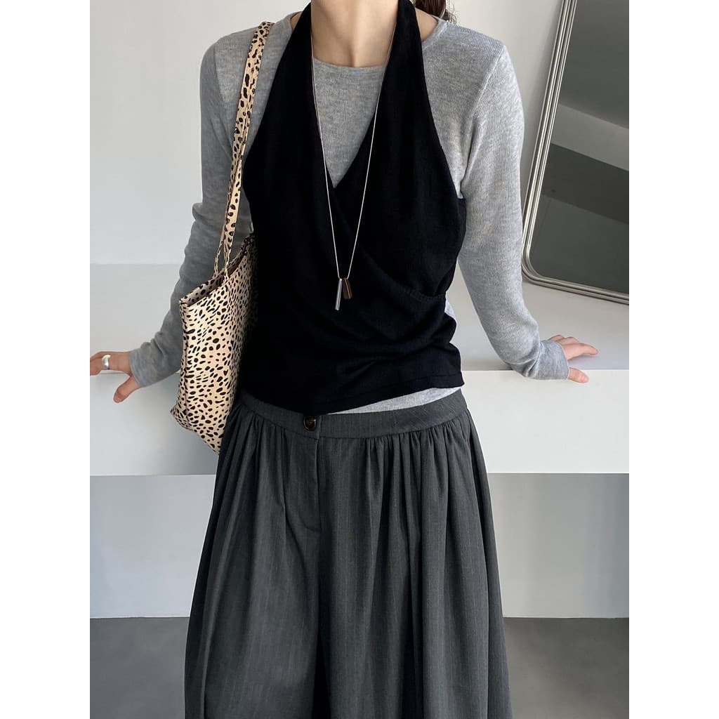 Em camadas Halter pescoço falso malhas de duas peças feminino estilo arte francesa elegante camisa pequena estilo dinhei