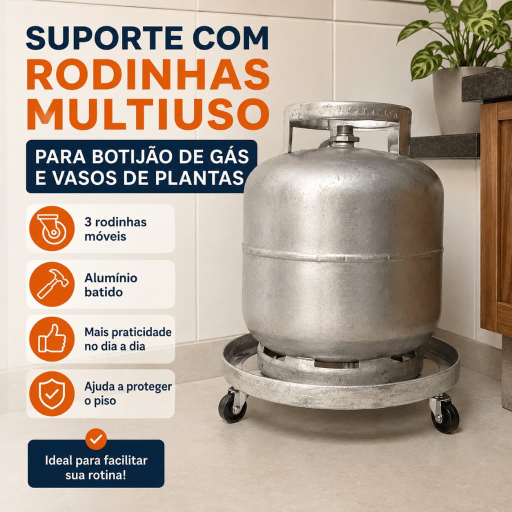Suporte Para Botijão De Gás e Vasos de Plantas Em Alumínio Reforçado Com 3 Rodinhas Polido