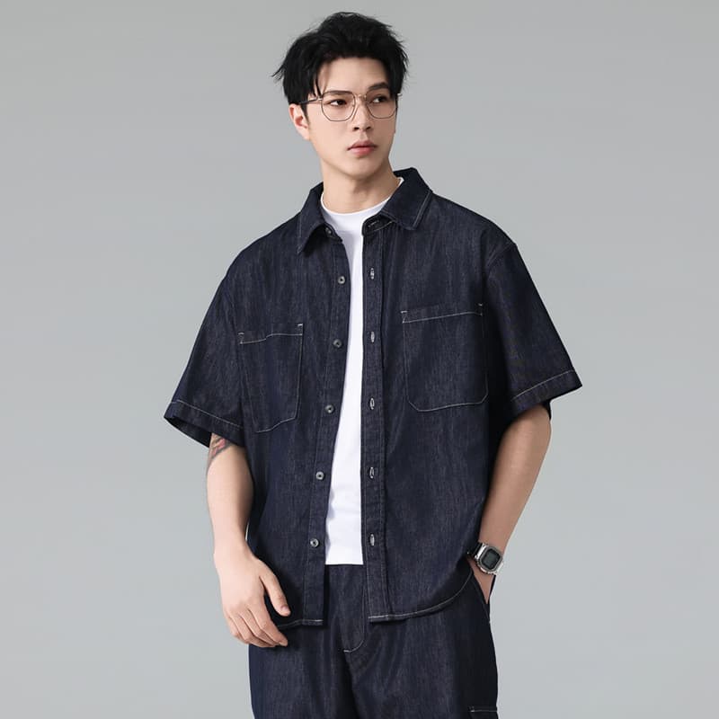 High-End Retro Lyocell mistura de algodão Casual terno esportivo masculino 2026 verão Shorts de cinco pontos camisa de m