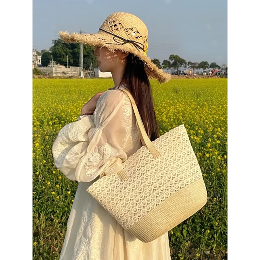 Renda ins estilo coreano palha tecido saco feminino 2026 beira-mar férias praia saco grande capacidade ombro balde saco