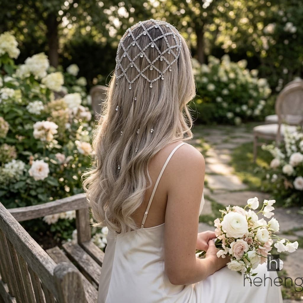 Prata Malha Franja Bandana Feminino Acessório De Cabelo Nupcial Liga Cristal Festa De Casamento Elegante