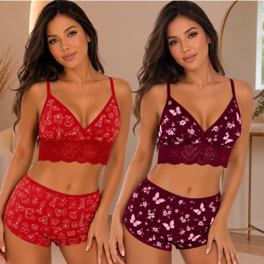 Kit com 2 Top Doll Pijamas Feminino Baby doll de luxo estampado suede cropeed com renda Blogueirinha