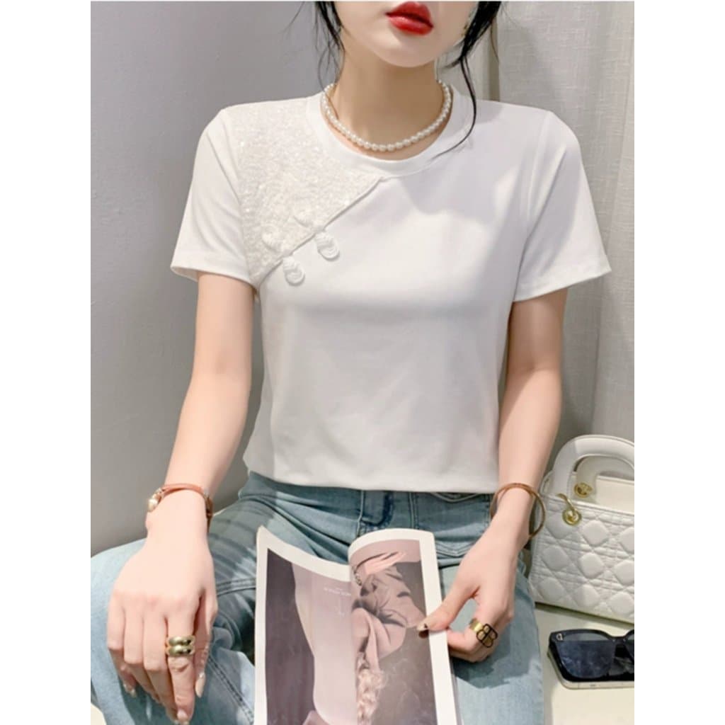 Retro nacional na moda roupas femininas melhorado Cheongsam Design sentido disco fivela moda indústria pesada lantejoula