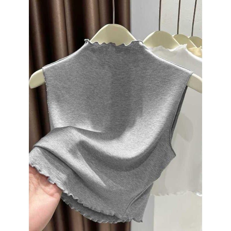 Camisa de fundo de malha com borda de fungo ceroso macio feminino gola falsa interna meia gola alta sem mangas colete pr