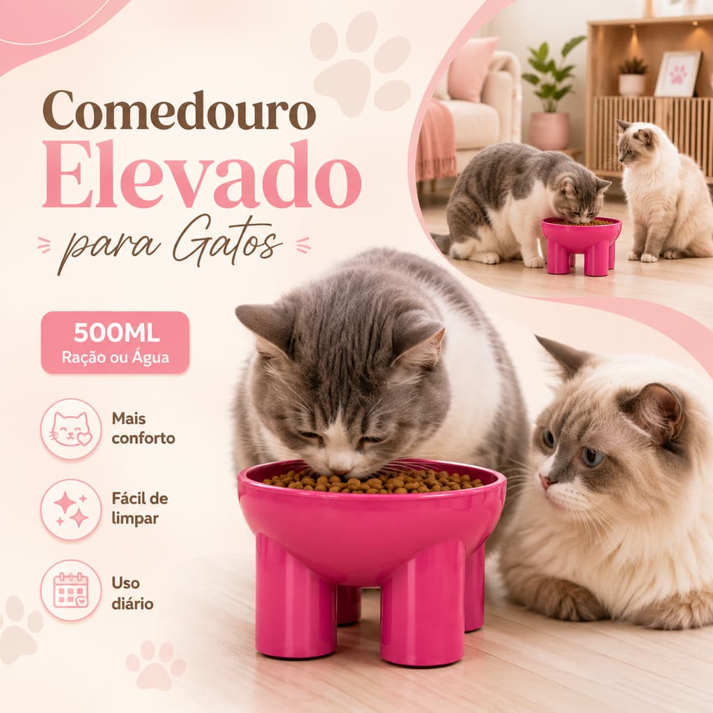 Bebedouro Comedouro Elevado Para Gato Tigela Pet 4 Pés Pote para Ração e Água 500ml Plástico Resistente