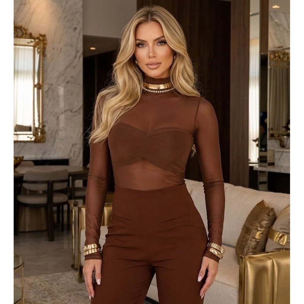body feminino de tule manga longa gola alta elasticidade ajusta no corpo lançamento