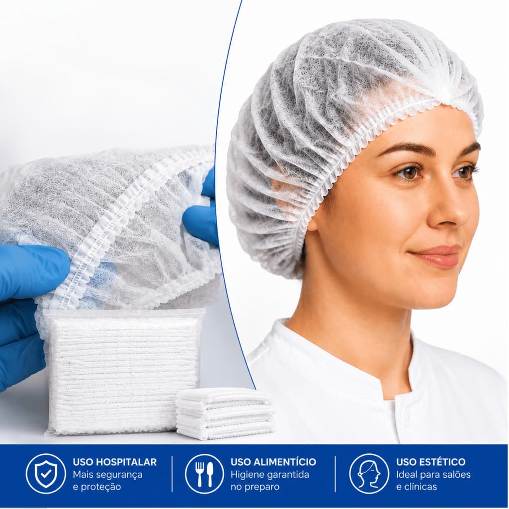 Kit Touca Descartável TNT Sanfonada Branca Elástico Reforçado Cozinha Hospitalar