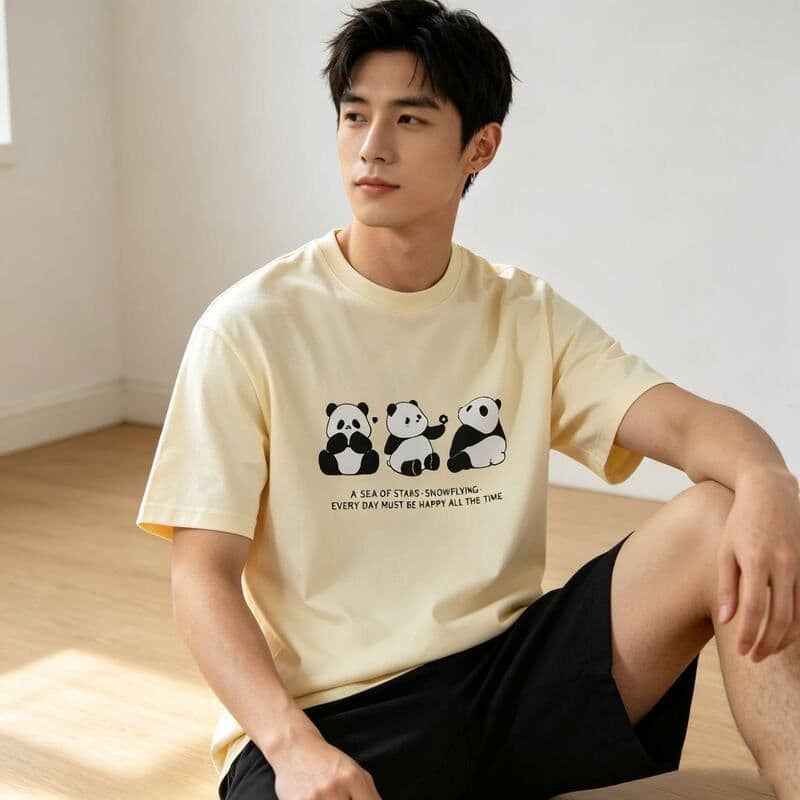 Bedoha Camiseta masculina com gola redonda, verão, manga curta, estampada, Panda, moletom masculino, solto, Casual, meia