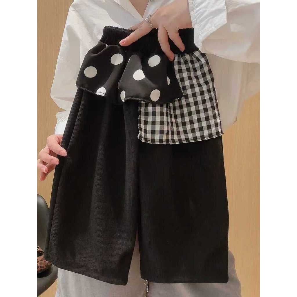 Meninas versão coreana Polka Dot Butt cortina calças de perna larga veludo calças casuais em camadas primavera outono es