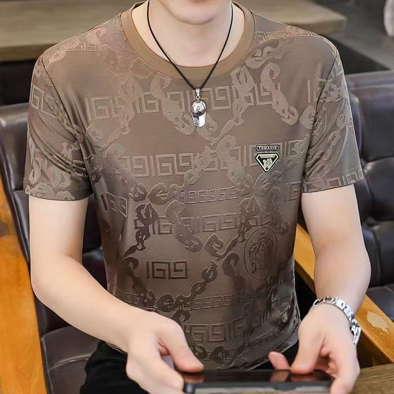 Camiseta masculina de manga curta de seda gelo verão estilo fino respirável fino ajuste roupas superiores na moda camise