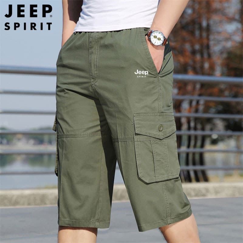 JEEP SPIRIT Calças cortadas de verão masculinas soltas de algodão puro Shorts masculinos Multi-saco Casual macacão fino