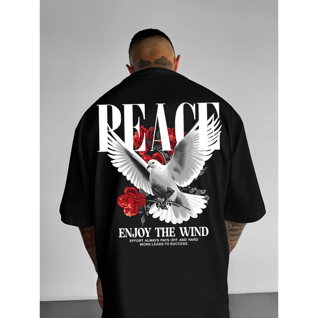 Camiseta Masculina 100% Algodão  Estampa Estilo Gringo Peace Pomba Estilo Americano Descontraído