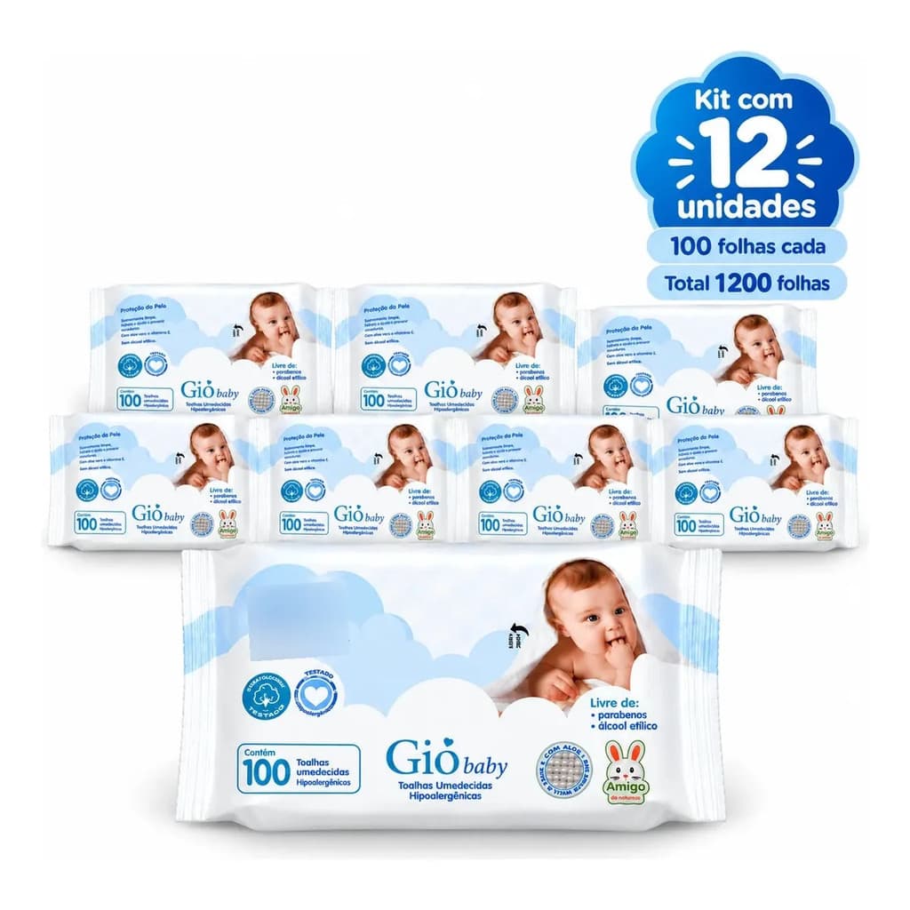 Kit 12 Lenços Umedecidos Gio Baby Hipoalergênicos 100 Folhas