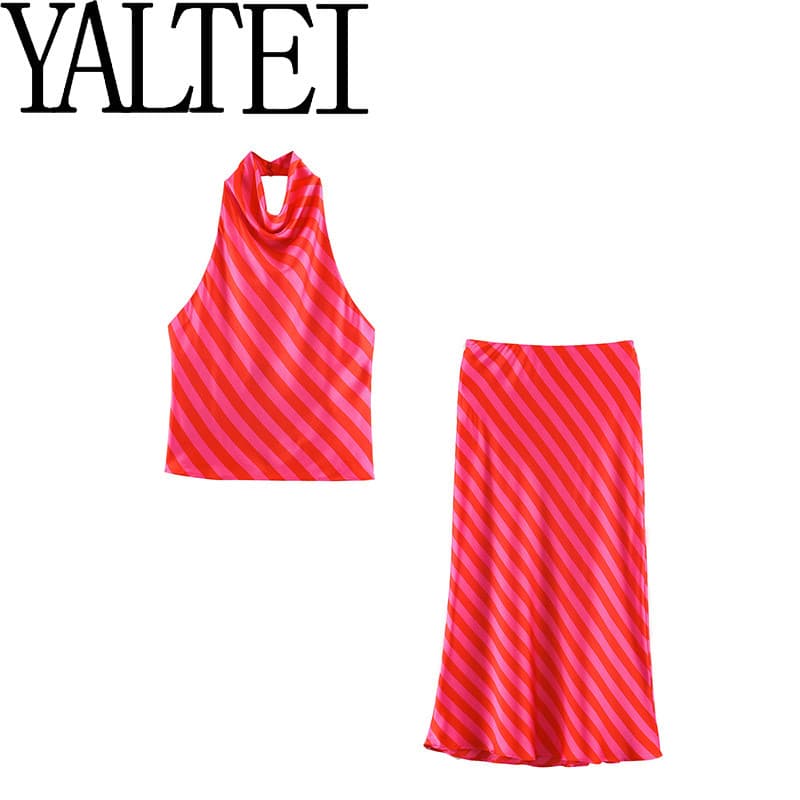 ZA Cross-Border AliExpress ins Top de gola Halter listrado de comércio exterior europeu americano7088399Saia de cetim de