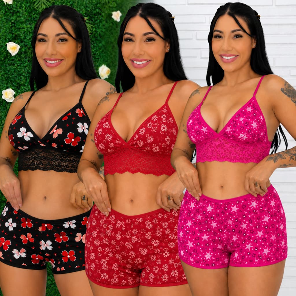 Kit com 3 Pijamas Feminino Baby doll Top Doll cropeed renda