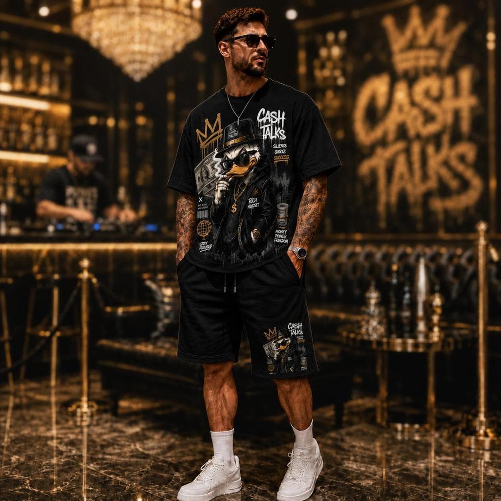 Conjunto Masculino Pato Gangster Roupa Urbana Camiseta e Bermuda Estampada para Looks Casuais
