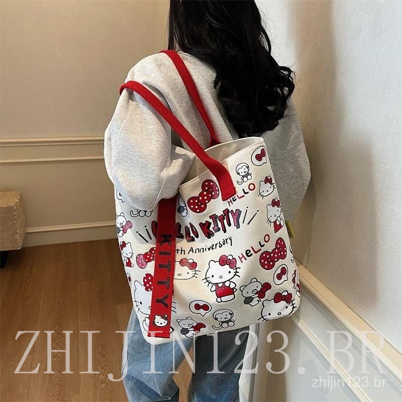 Doce e Fofa Bolsa de Ombro de Lona Hello Kitty Grande Capacidade Viagem Portátil Estudante Mãe Armazenamento Presente