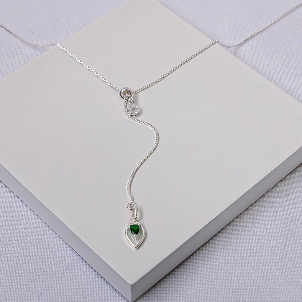 Colar Gravata Feminino Gota Pedra Verde Folheado a Prata