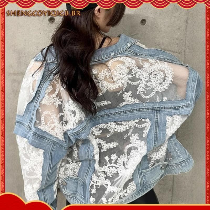 Jaqueta jeans malha bordada rasgada muito fada mlb jaqueta jeans verão renda curta protetor solar roupas20251022