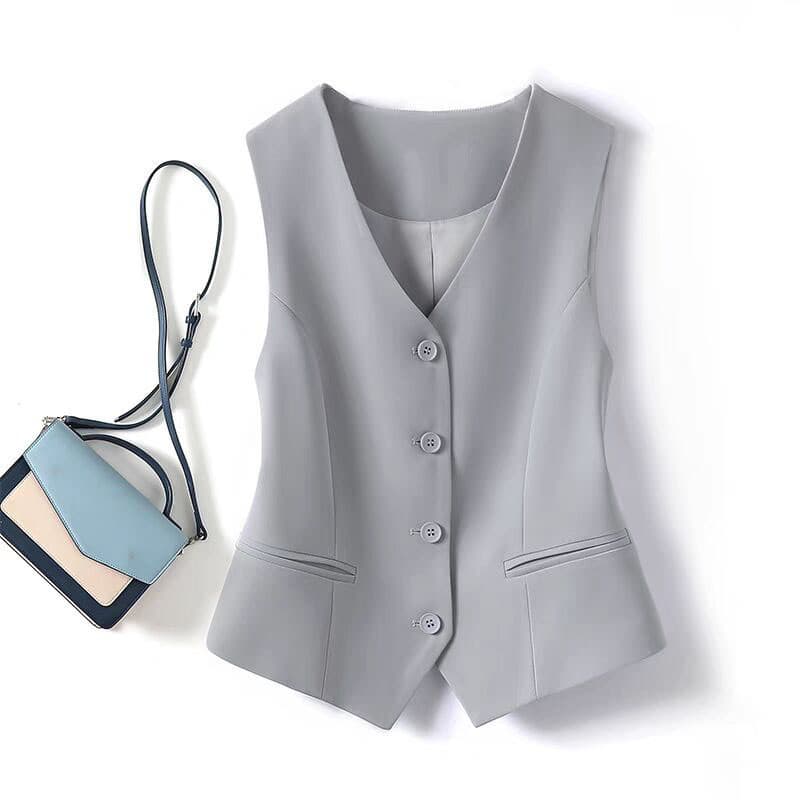 Terno colete feminino pequeno colete novo estilo fino-ajuste exterior em camadas colete feminino cinza curto