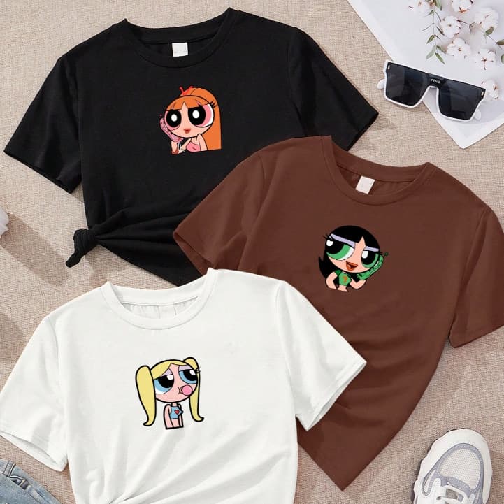 Camiseta feminina Kit com 3 Meninas Super poderosas marrom Off White 100% algodão