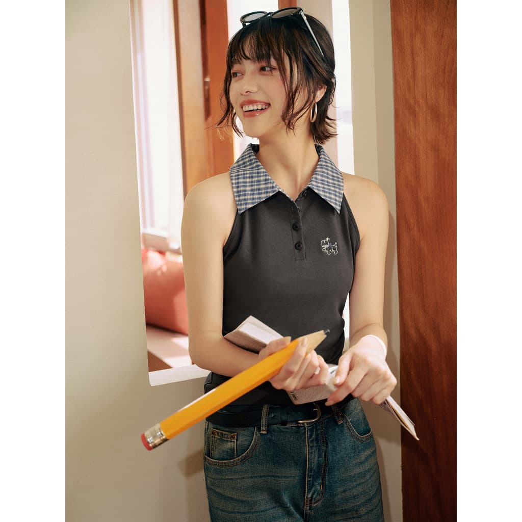 P PSOBrand Roupas femininas [duas peças falsas] Cachorrinho fofo bordado xadrez gola polo feminino colete sem mangas ver
