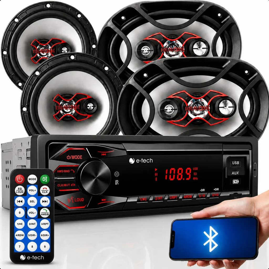 Kit Som Automotivo Auto Rádio 1 Din Bluetooth MP3 USB + 4 Alto Falantes 6 e 6x9 Para Porta e Tampão