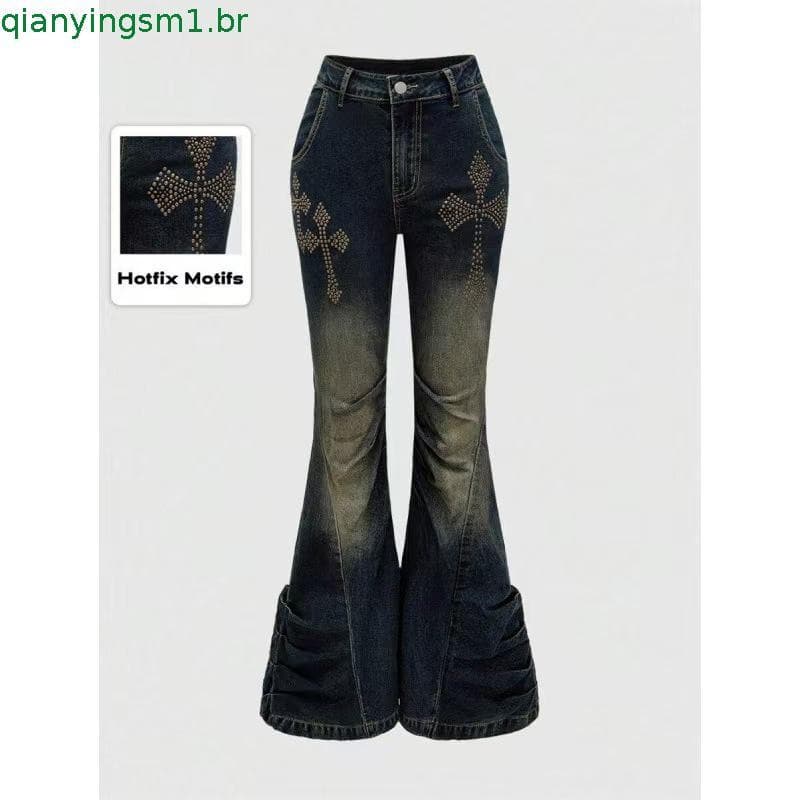Calças Jeans Femininas Azul Nostálgico Americano, Cintura Alta, Corte Largo, Corte Cropped, Ajuste Solto, Estilo Retrô P