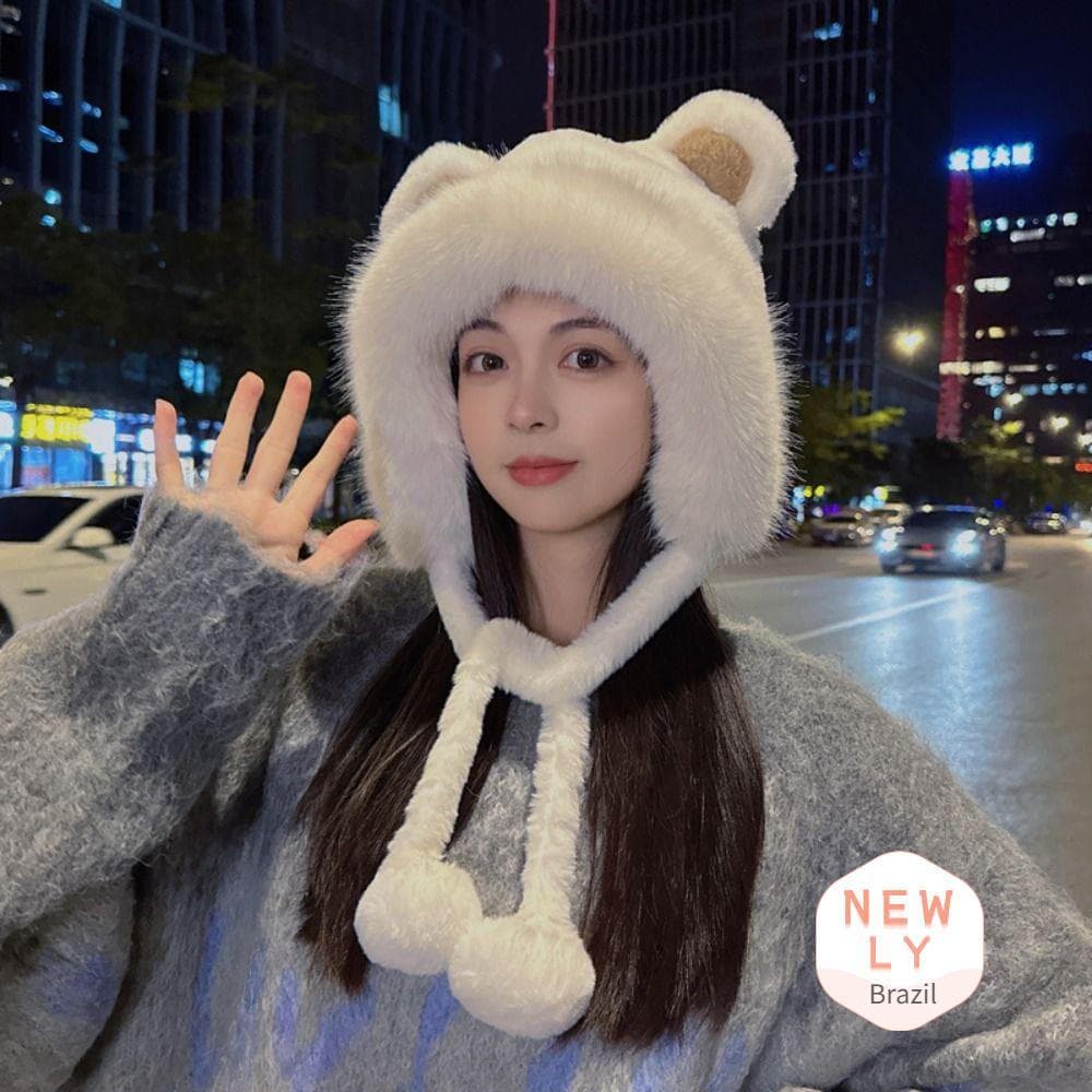 LIAYING Chapéu Com Orelhas De Urso , De Inverno Cadarço Fofo , Proteção De Orelha De Veludo Balde Fashion De Lã Feminino