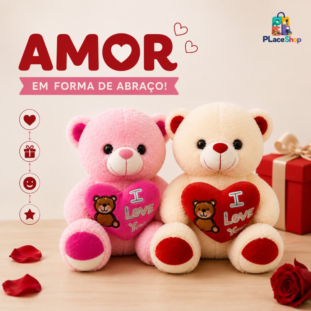 Urso de Pelúcia com Coração I Love You - dia dos namorados