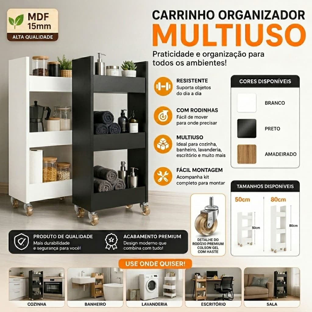 Carrinho Organizador Estreito com Rodinhas Ideal para Cozinha e Banheiro