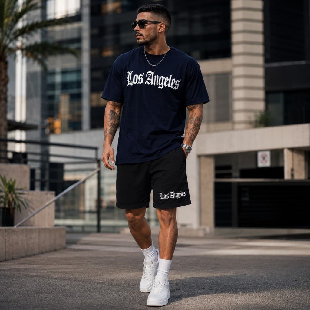 Conjunto Camiseta 100% Algodão Los Angeles Slim + Short de Moletom Masculino Casual Estiloso