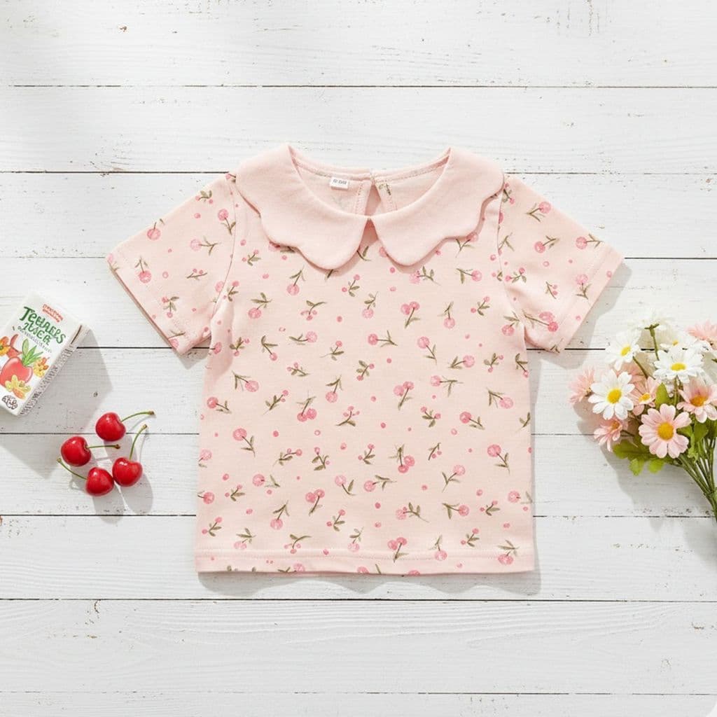 Camisa de fundo primavera verão de manga curta roupas infantis Floral topos infantil roupas de jardim de infância gola d