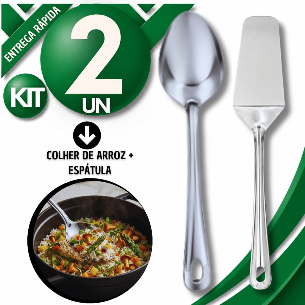 Conjunto Colher de Servir Arroz Inox e Espátula de Bolo Tortas Multiuso Cozinha Buffet Utilidades