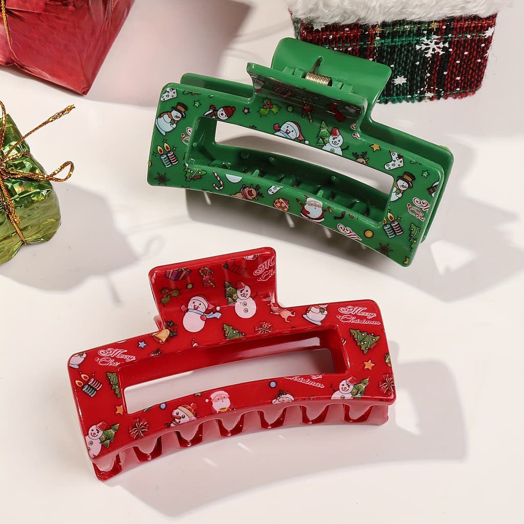 Conjunto de 4 Peças de Presilhas de Cabelo Elegantes e Fofas com Estampa de Natal, Presilhas Retangulares Grandes para P
