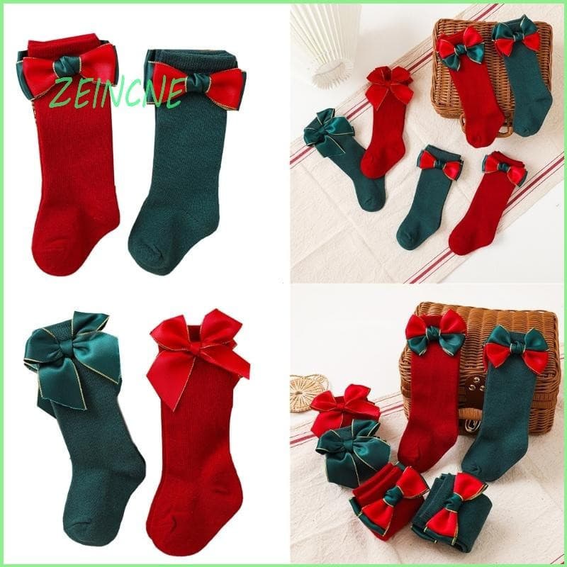 Meias Altas Clássicas com Tema de Natal ZEIN 2024 para Meninas Bebês com Laços (2 Pares)