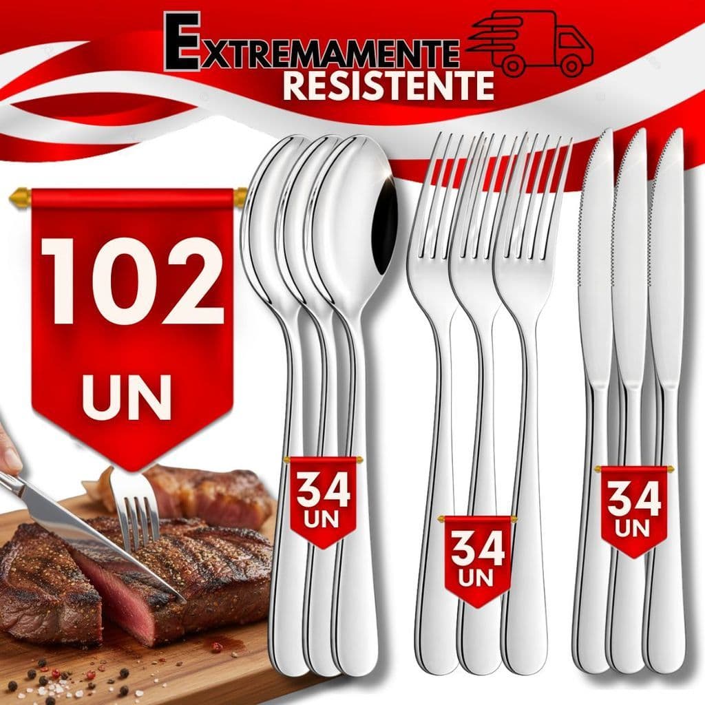 Jogo de 102 Talheres em Aço Inox Premium – Colheres, Garfos e Facas para Cozinha, Restaurante e Buf
