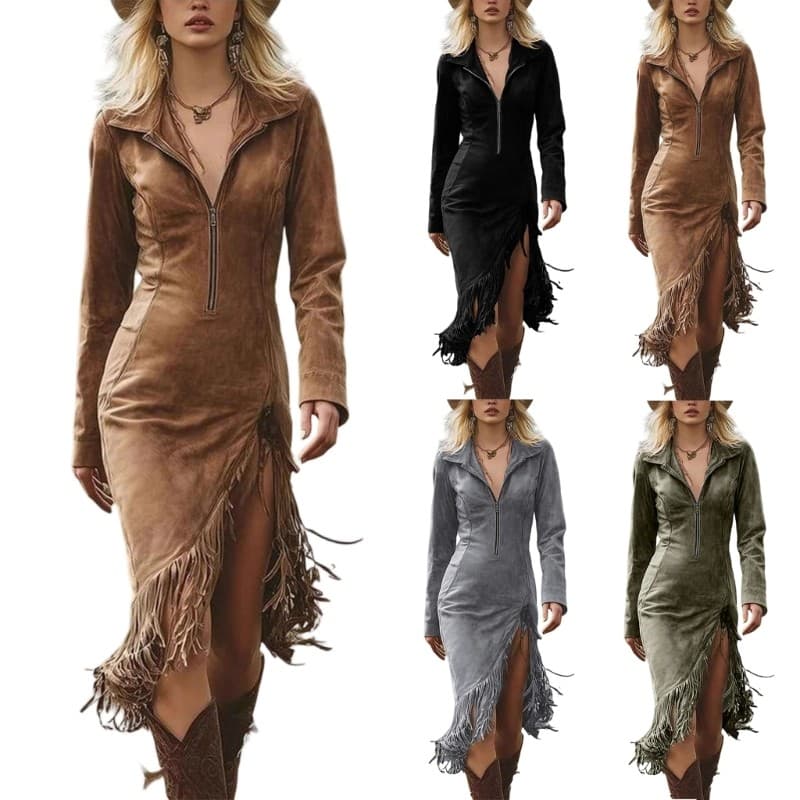 blg Vestido Feminino Comprida – Ocidental Cowgirl Country Franjas E Divisão Lateral Para