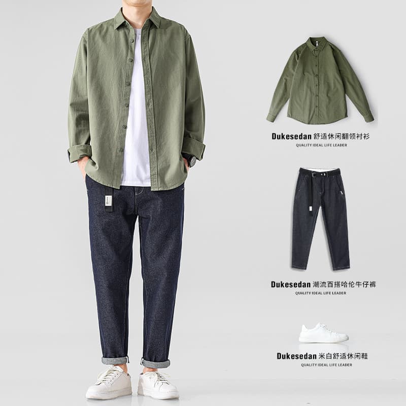 Camisa de lapela masculina de manga comprida outono inverno forro de lã solto Casual cor sólida topo Street Wear primave