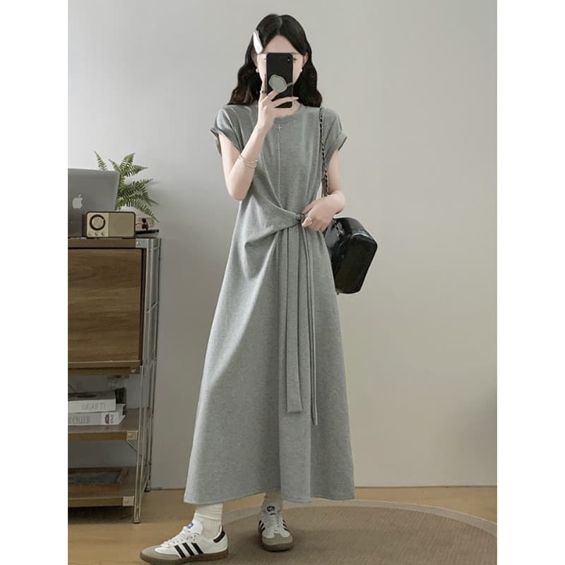 Estilo preguiçoso cinza Formal vestido de ombro 2025 verão novo estilo Plus Size gordura mm forma pêra mais magro olhar