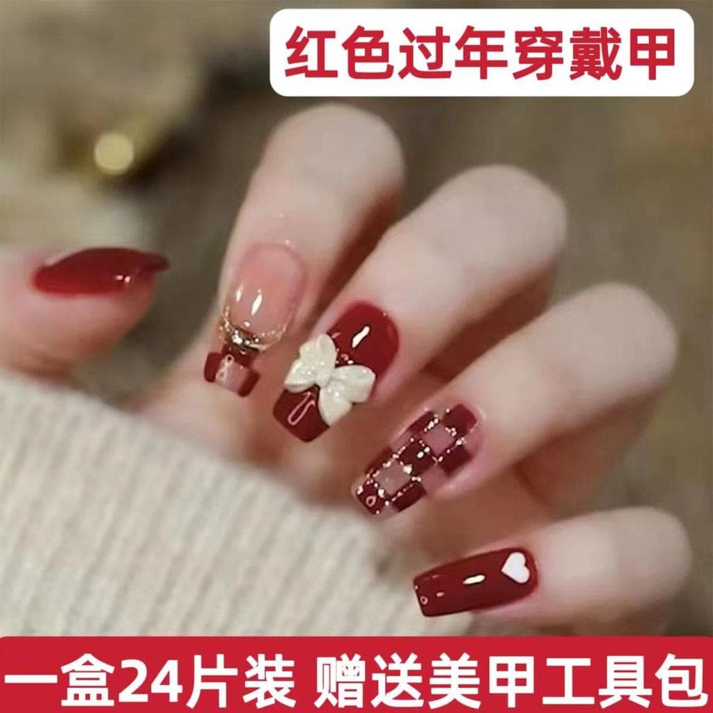 Manicure vestindo unhas 2026 estilo de ano novo vermelho estilo longo High-End estilo curto remendo de unhas crianças re
