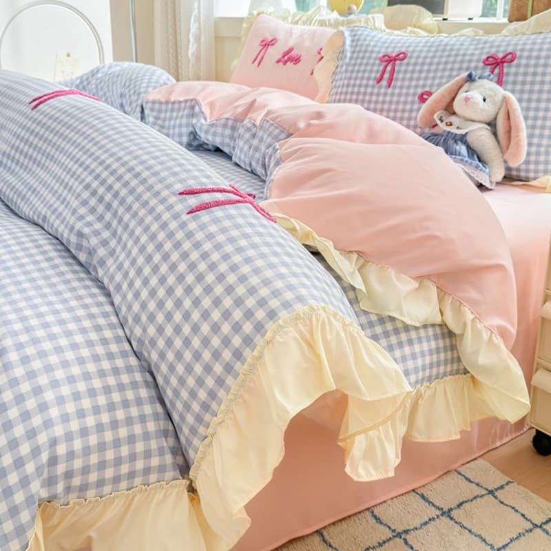 Princesa estilo renda menina rosa lavado algodão conjunto de quatro peças arco colcha capa lençol cama dormitório conjun