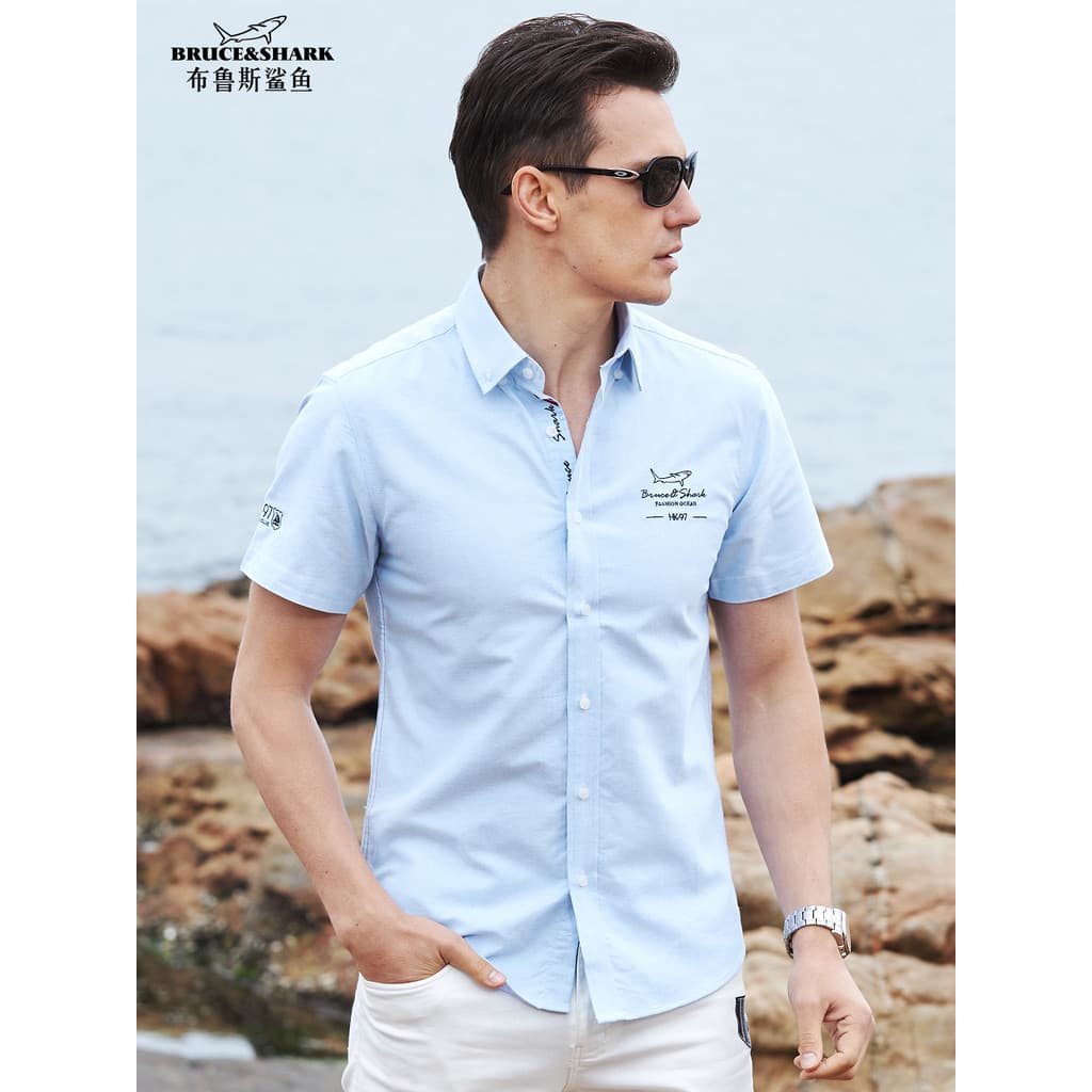 2025 verão novo estilo camisa de algodão puro masculino tamanho grande manga curta Bruce Shark Street Wear masculino Oxf