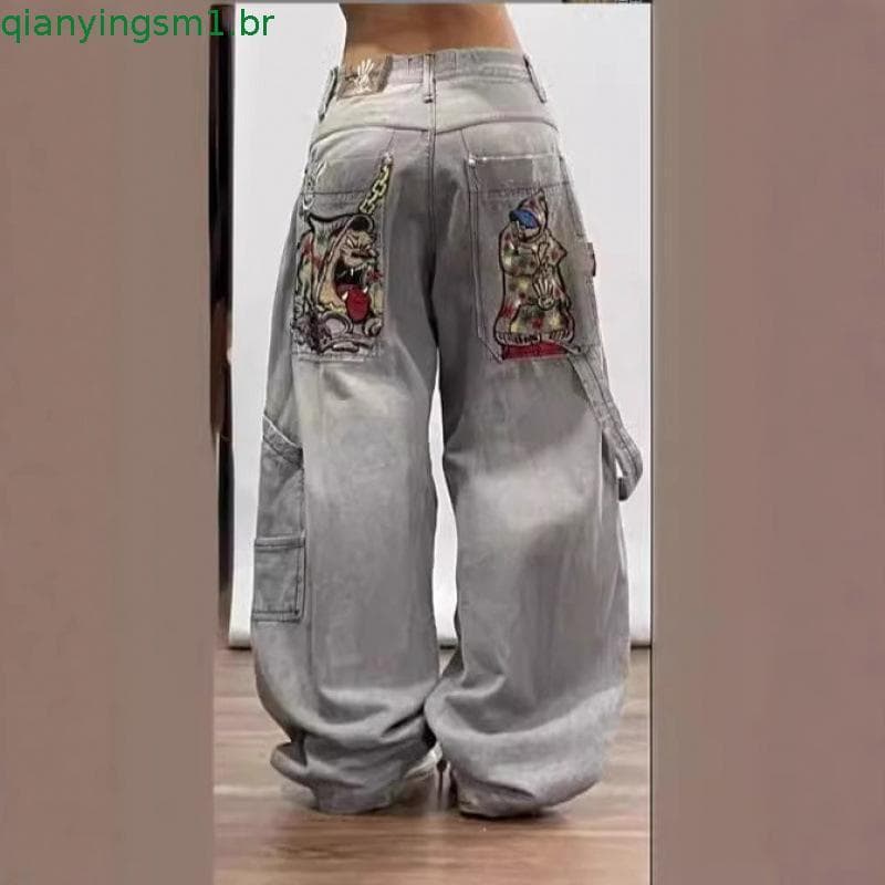 Calças Jeans Longas Pretas Vintage Góticas Hip Hop Street Skate Harajuku para Mulheres Y2K Novidade 2025 1454