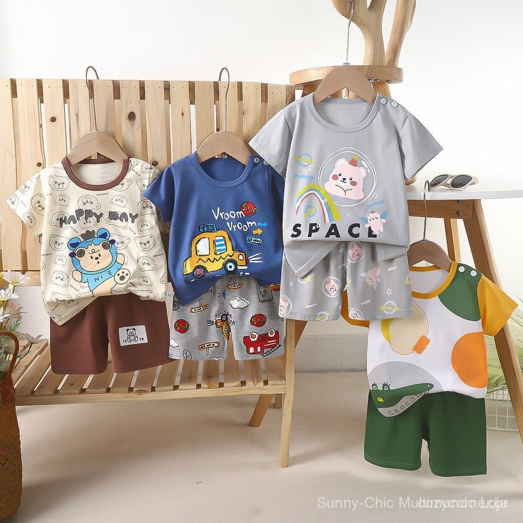 0-6 anos de idade Fato de manga curta para crianças, Summer Boy Top+Shorts 2-Piece Suit,