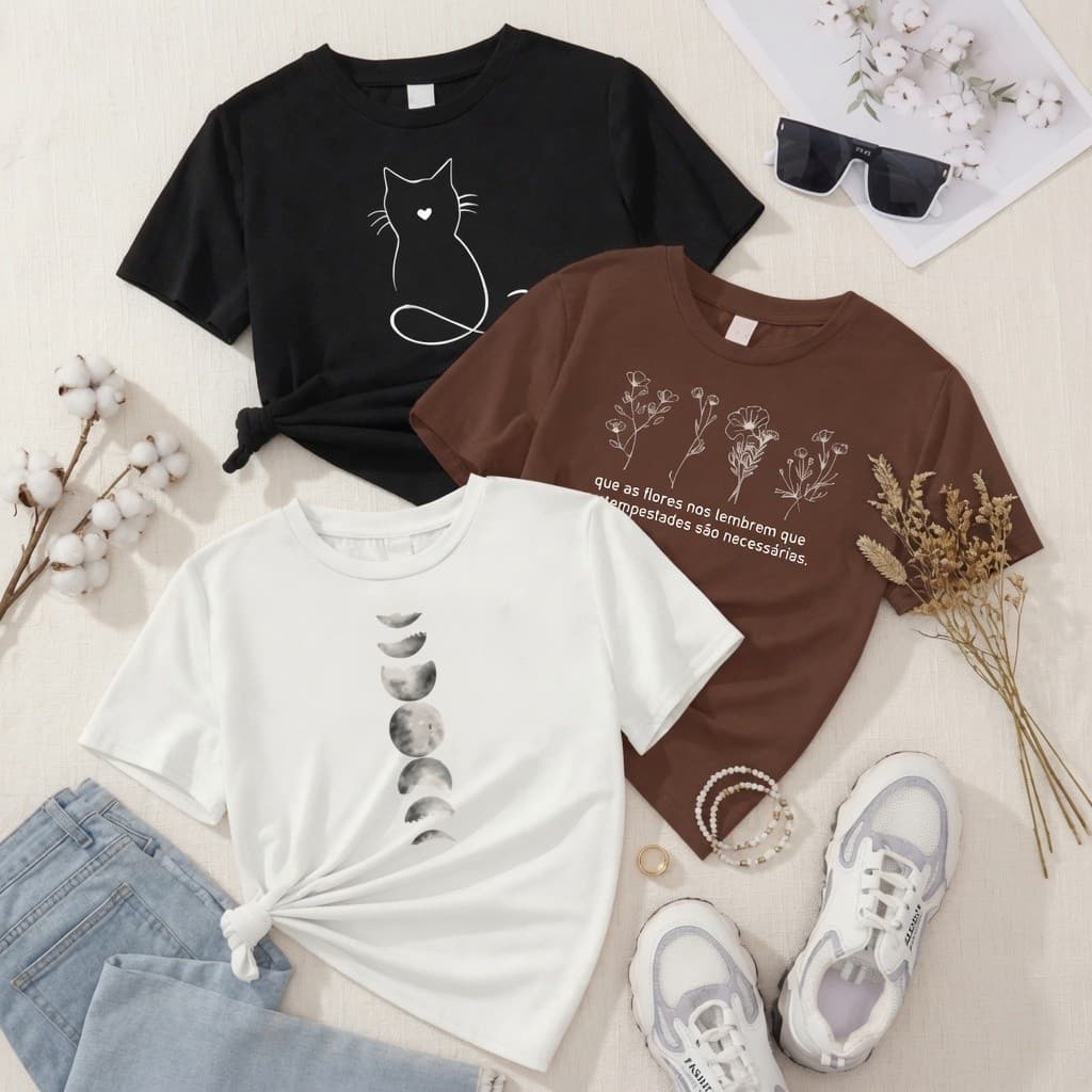 Kit 3 Camiseta Feminina Gatinho flores fase da lua Camisa Plus Size 100% Agodão Confortavel