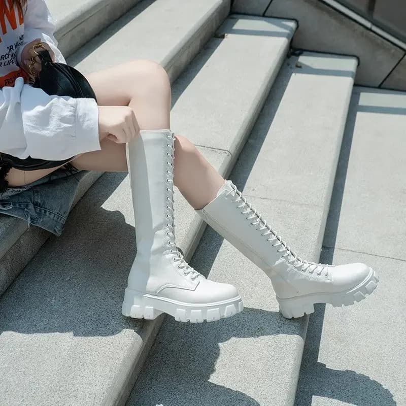 Botas de inverno femininas com zíper, novas, longas, de moda, com cadarço, antiderrapantes, casuais, de sola grossa, con